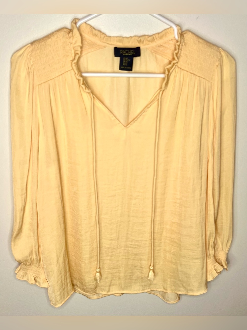 Rachel Roy Boho Peasant Blouse XS Peach Smocked Tassel Tie Top